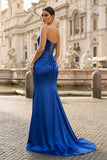 Royal Blue Strapless Satin Mermaid Prom Dress With Split