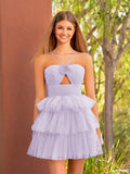 A Line Tulle Orange Keyhole Halter Short Homecoming Dress with Ruffles