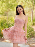 A-Line Strapless Scoop Tiered Sleeveless Short Homecoming Dress