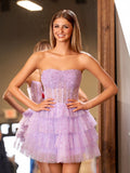 A-Line Strapless Scoop Tiered Sleeveless Short Homecoming Dress