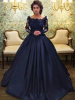 Ball Gown Bateau Long Sleeves Sweep/Brush Train Applique Satin Dresses Prom Evening Dress Ball Gowns