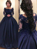 Ball Gown Bateau Long Sleeves Sweep/Brush Train Applique Satin Dresses Prom Evening Dress Ball Gowns