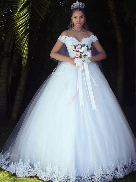 Ballkleid Off-the-Shoulder Ärmellos Bodenlang Spitze Tüll Brautkleider Brautkleider