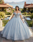 Light Blue Off the Shoulder Tulle Princess Long Corset Quinceanera Dress with Bow