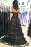 Black Off the Shoulder Lace Appliques Tiered Prom Dress with Slit