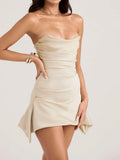 Champagne - Strapless Sheath Irregular Hem Satin Short Homecoming & Cocktail Dress