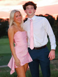 Pink - Strapless Sheath Irregular Hem Satin Short Homecoming & Cocktail Dress
