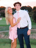 Pink - Strapless Sheath Irregular Hem Satin Short Homecoming & Cocktail Dress