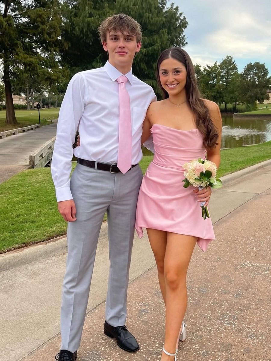 Pink - Strapless Sheath Irregular Hem Satin Short Homecoming & Cocktail Dress