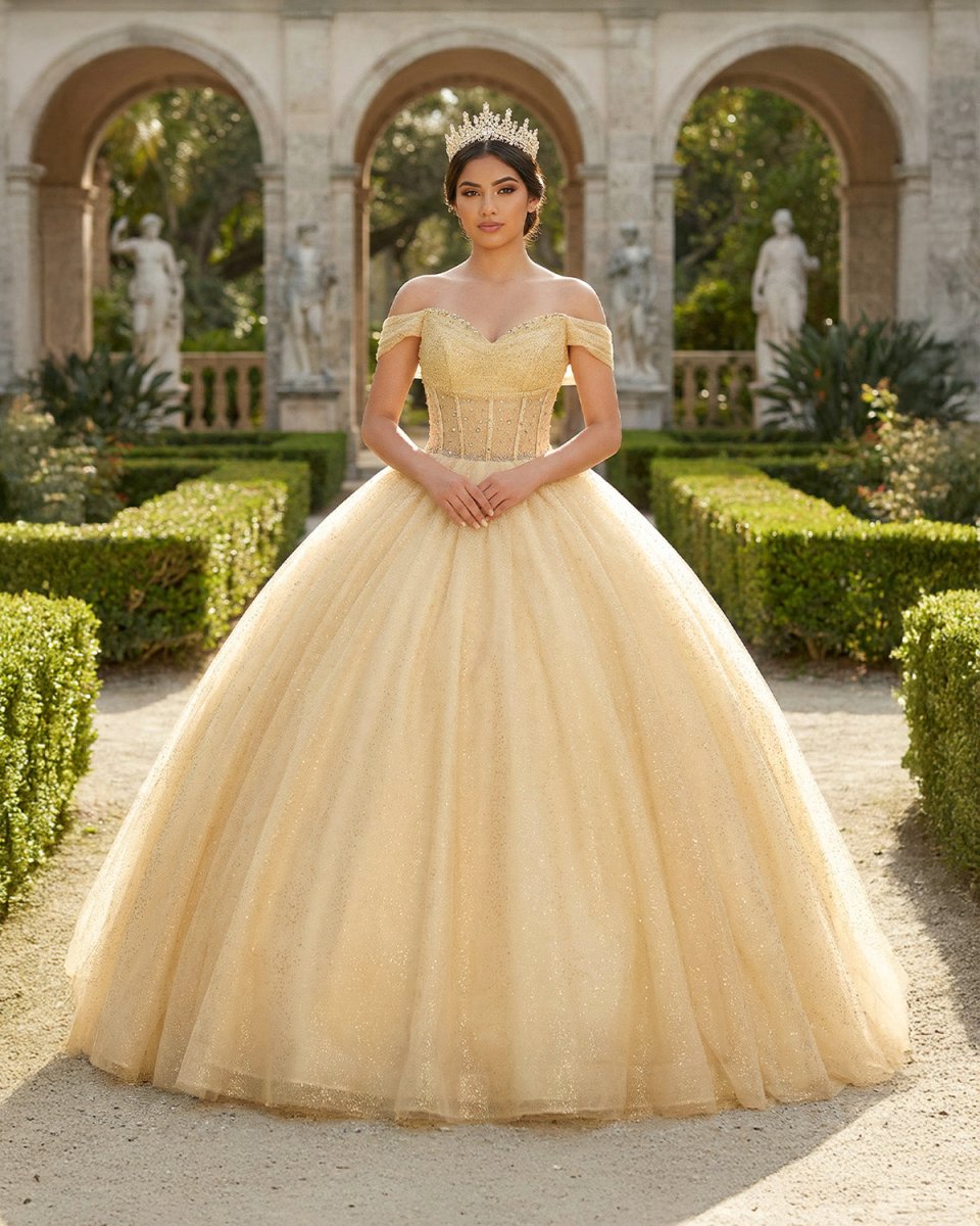 Yellow Ball Gown Tulle Off-the-Shoulder Quincenara Dresses