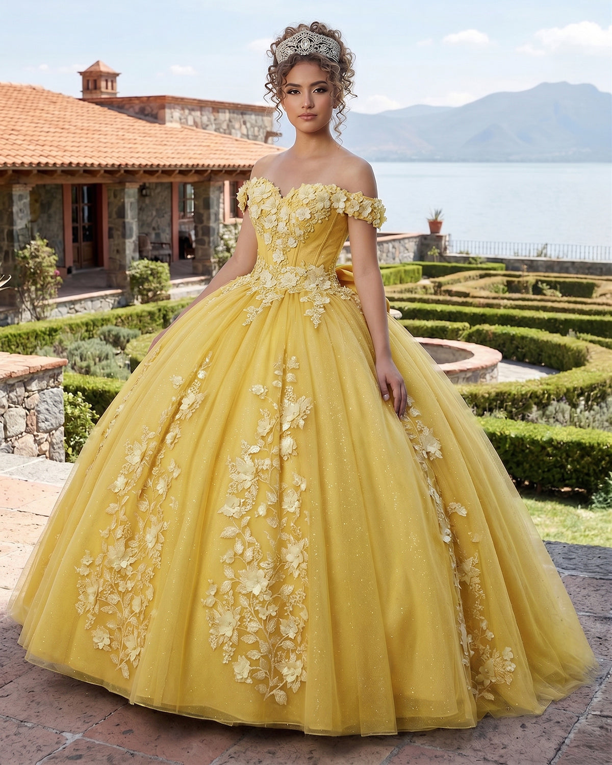 Big Bow Floral Flower Lace Applique Off Shoulder Ball Gown Quinceanera Dresses