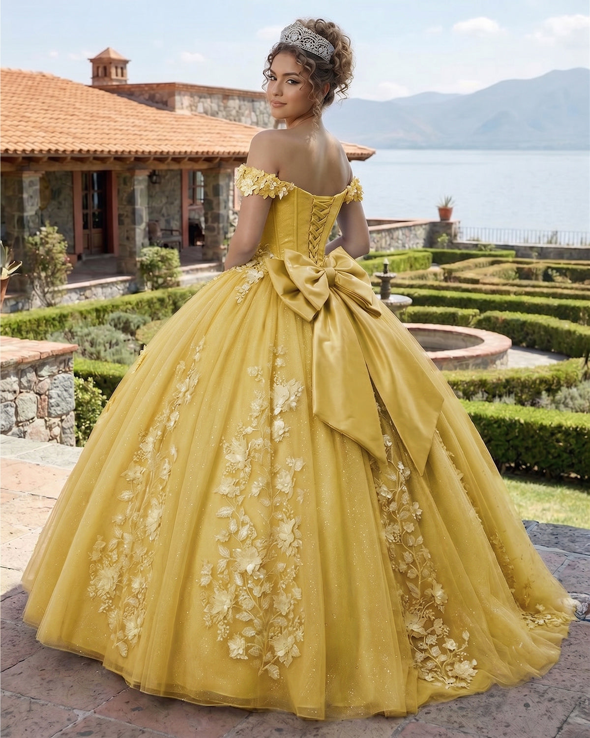 Big Bow Floral Flower Lace Applique Off Shoulder Ball Gown Quinceanera Dresses