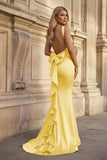 Coral Pink Mermaid V Neck Satin Open Back Long Prom Dresses With Bow
