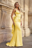 Coral Pink Mermaid V Neck Satin Open Back Long Prom Dresses With Bow