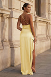 Pink One Shoulder Sheath Satin Long Prom Dresses With Slit
