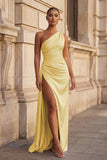Pink One Shoulder Sheath Satin Long Prom Dresses With Slit
