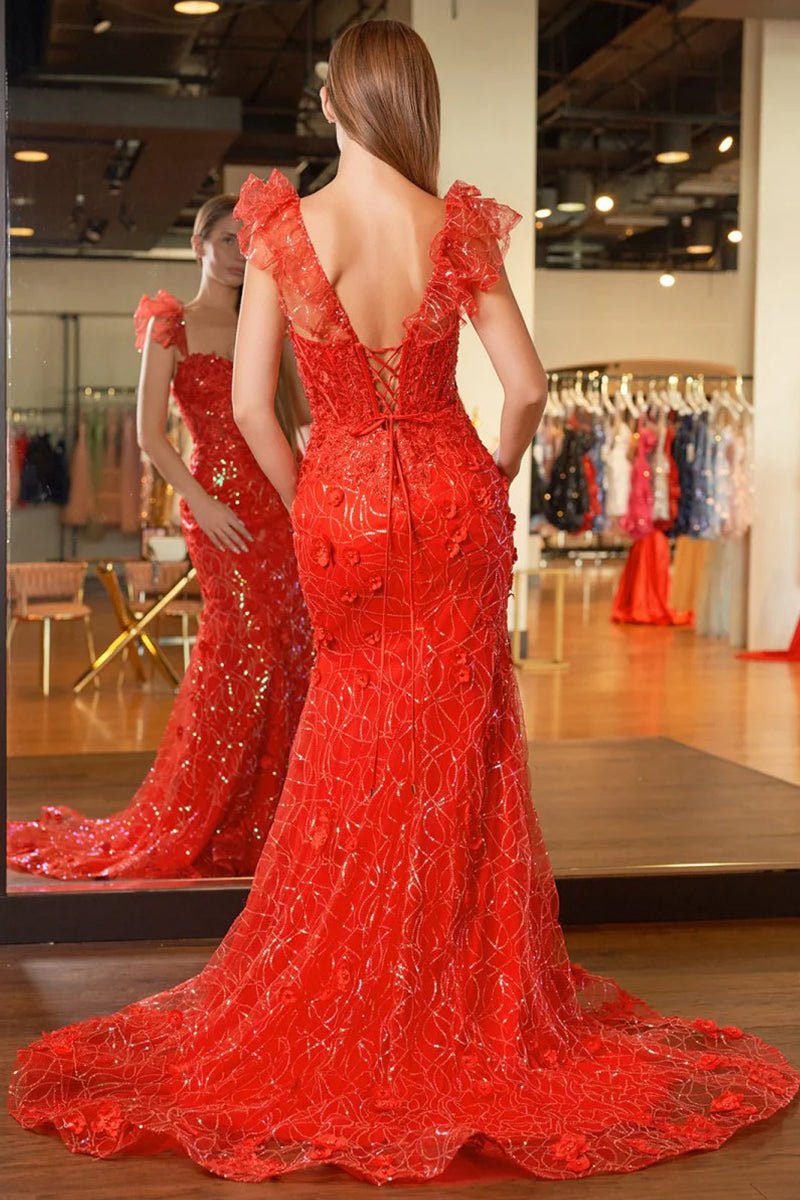 Yellow Ruffle Straps 3D Flower Mermaid Long Prom Dress