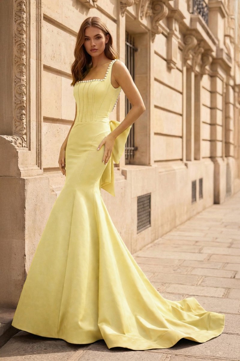 Black Square Neck Mermaid Satin Long Prom Dresses With Pearls