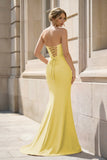 Fuchsia Strapless Mermaid Satin Long Prom Dresses With Beading