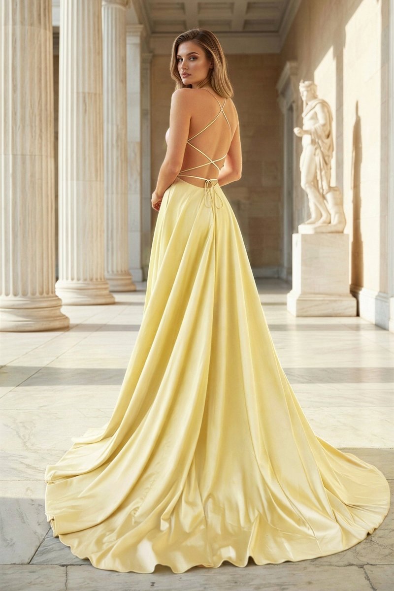 Pink Spaghetti Straps Satin Backless A Line Prom Dress With Pockets