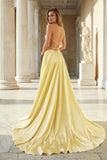 Pink Spaghetti Straps Satin Backless A Line Prom Dress With Pockets