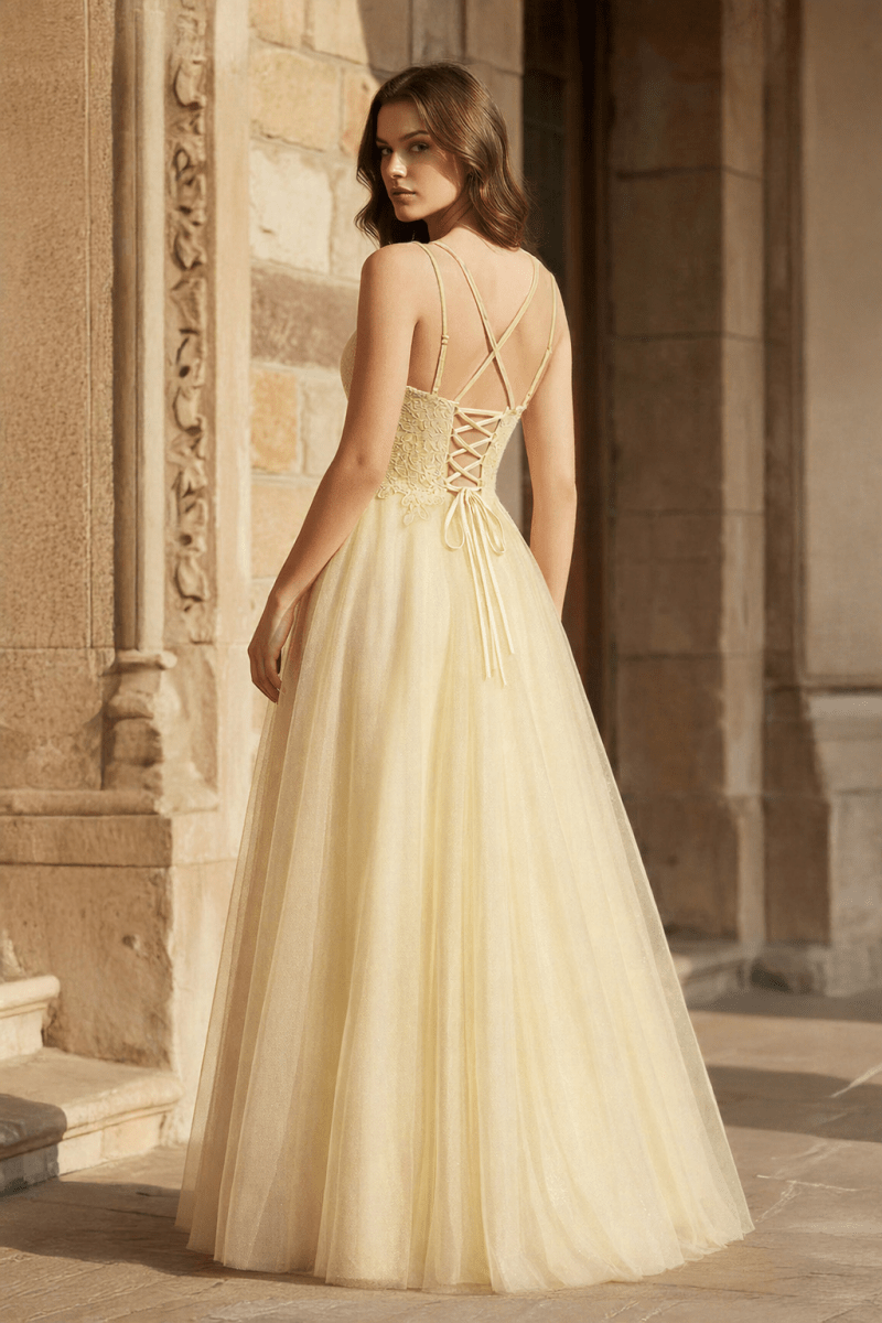 Yellow A-line Floor Length Glitter Tulle Prom Dress