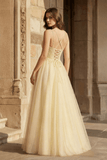 Yellow A-line Floor Length Glitter Tulle Prom Dress