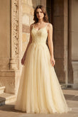 Yellow A-line Floor Length Glitter Tulle Prom Dress
