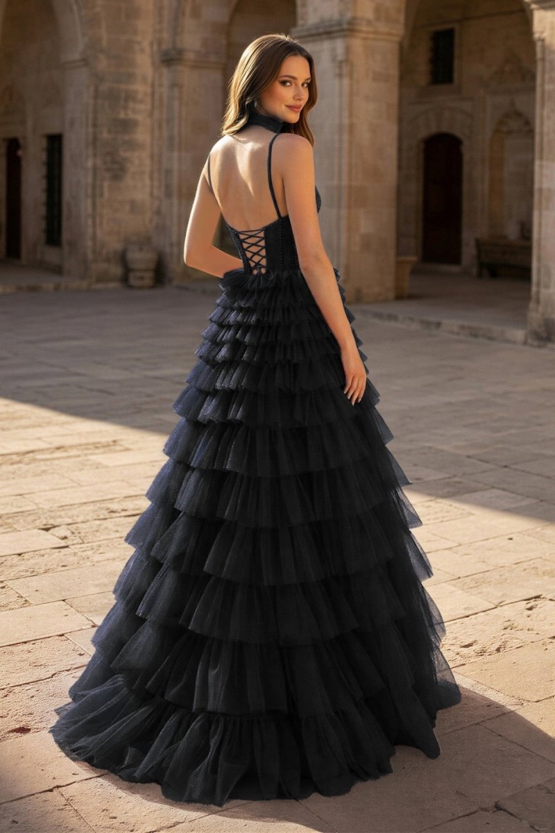 Tulle A-Line Spaghetti Strap Beaded Long Tiered Prom Dress
