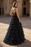 Tulle A-Line Spaghetti Strap Beaded Long Tiered Prom Dress