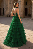 Tulle A-Line Spaghetti Strap Beaded Long Tiered Prom Dress