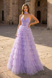 Tulle A-Line Spaghetti Strap Beaded Long Tiered Prom Dress