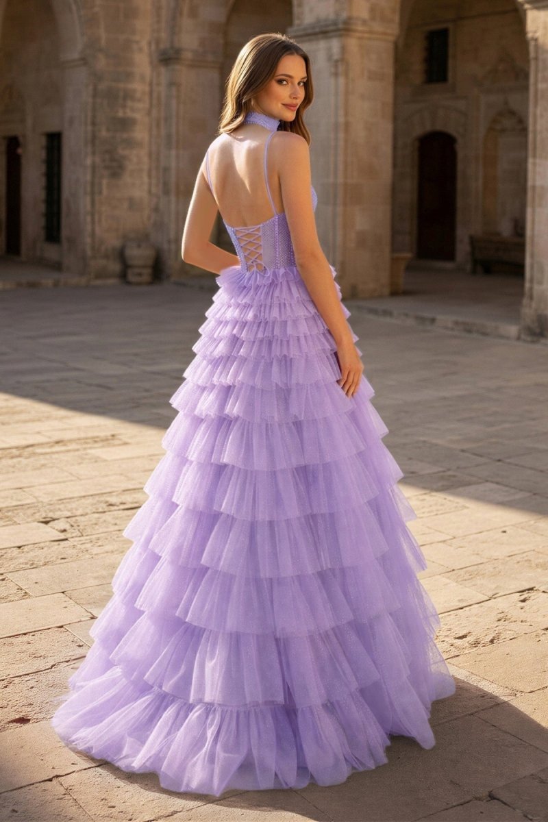 Tulle A-Line Spaghetti Strap Beaded Long Tiered Prom Dress