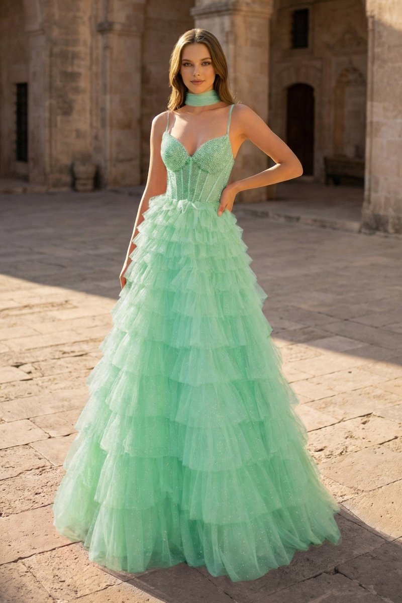 Tulle A-Line Spaghetti Strap Beaded Long Tiered Prom Dress