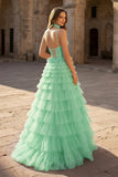 Tulle A-Line Spaghetti Strap Beaded Long Tiered Prom Dress