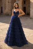 Tulle A-Line Spaghetti Strap Beaded Long Tiered Prom Dress