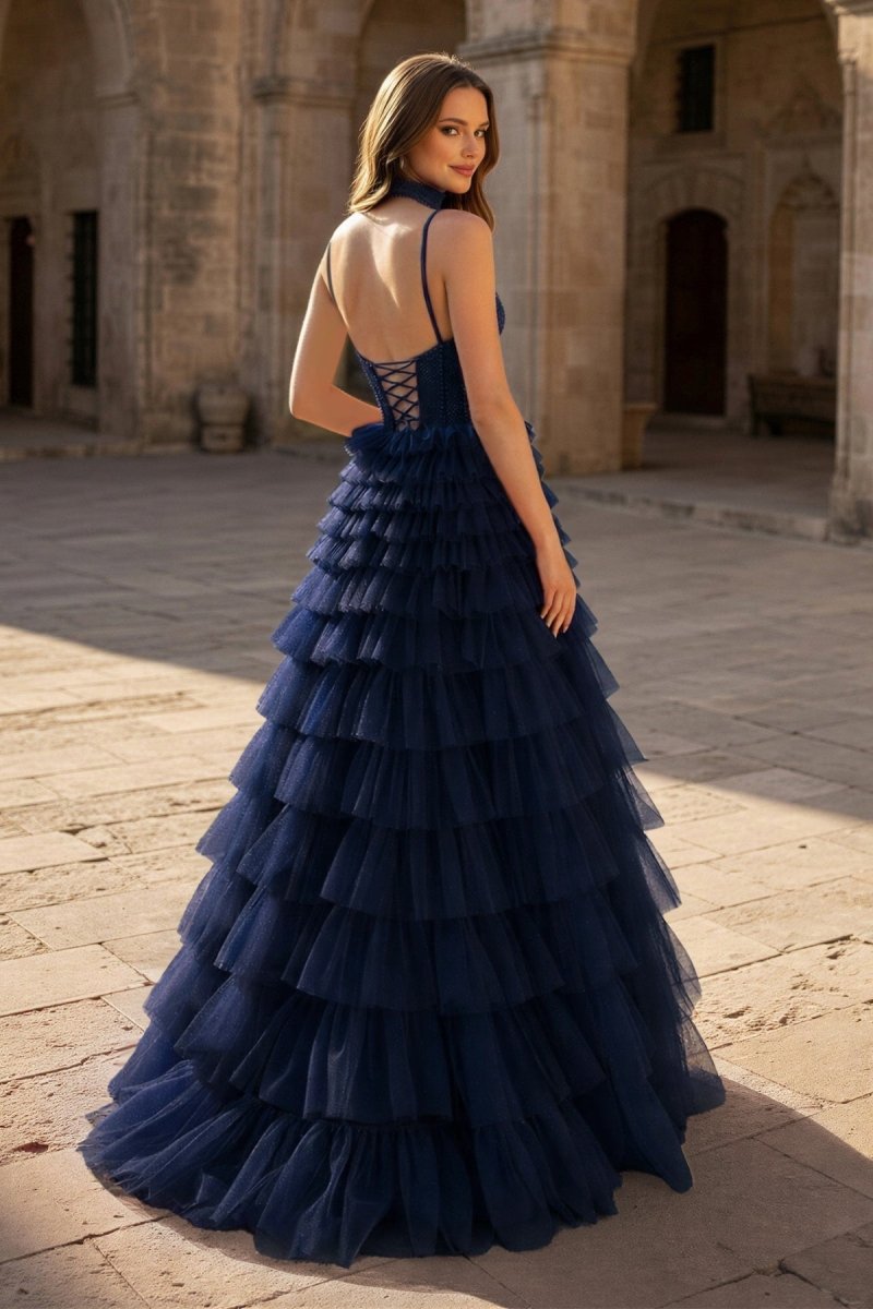 Tulle A-Line Spaghetti Strap Beaded Long Tiered Prom Dress