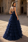 Tulle A-Line Spaghetti Strap Beaded Long Tiered Prom Dress
