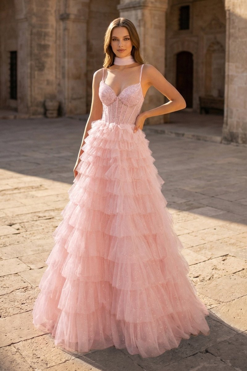 Tulle A-Line Spaghetti Strap Beaded Long Tiered Prom Dress