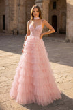 Tulle A-Line Spaghetti Strap Beaded Long Tiered Prom Dress