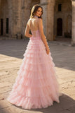 Tulle A-Line Spaghetti Strap Beaded Long Tiered Prom Dress