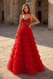 Tulle A-Line Spaghetti Strap Beaded Long Tiered Prom Dress