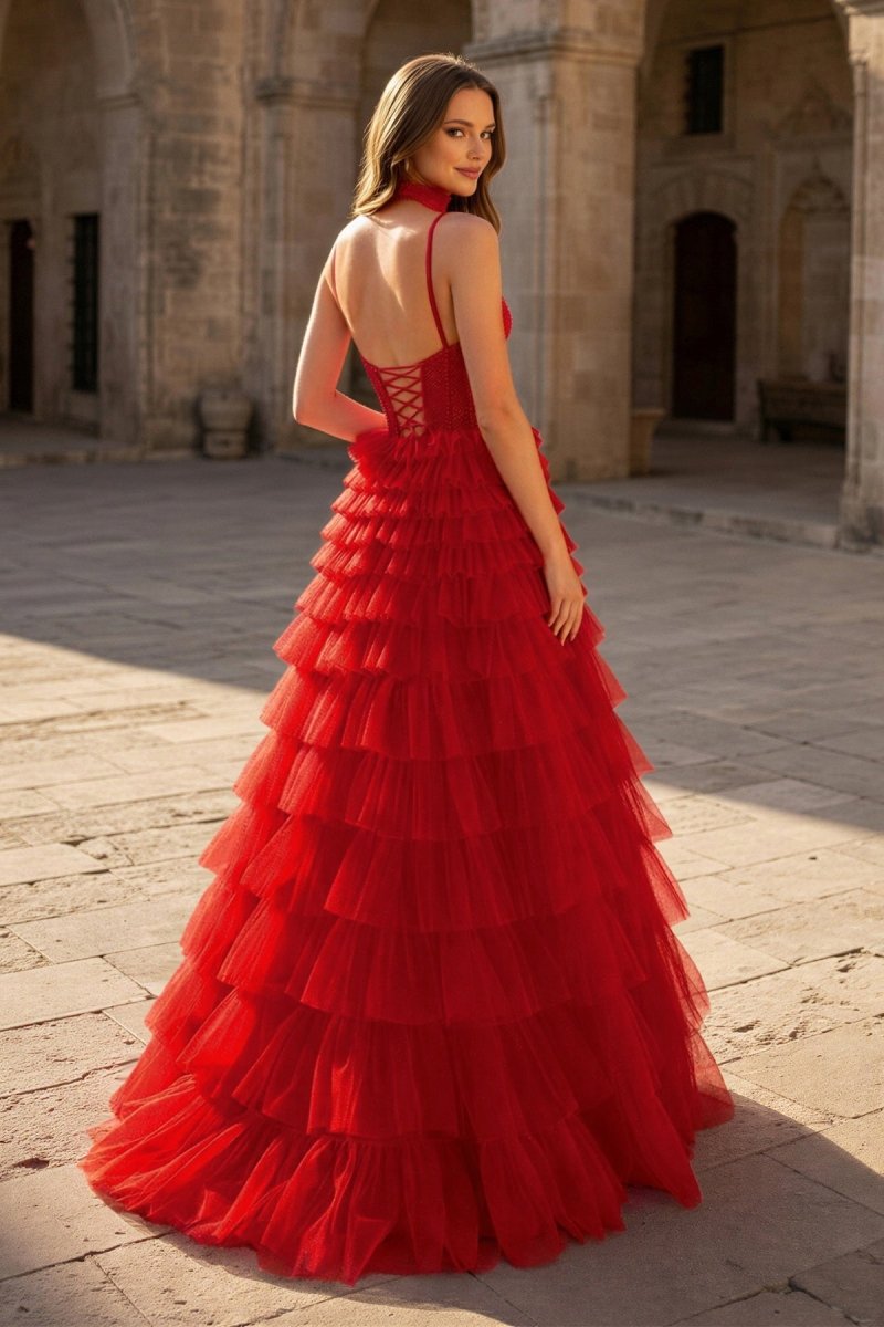 Tulle A-Line Spaghetti Strap Beaded Long Tiered Prom Dress