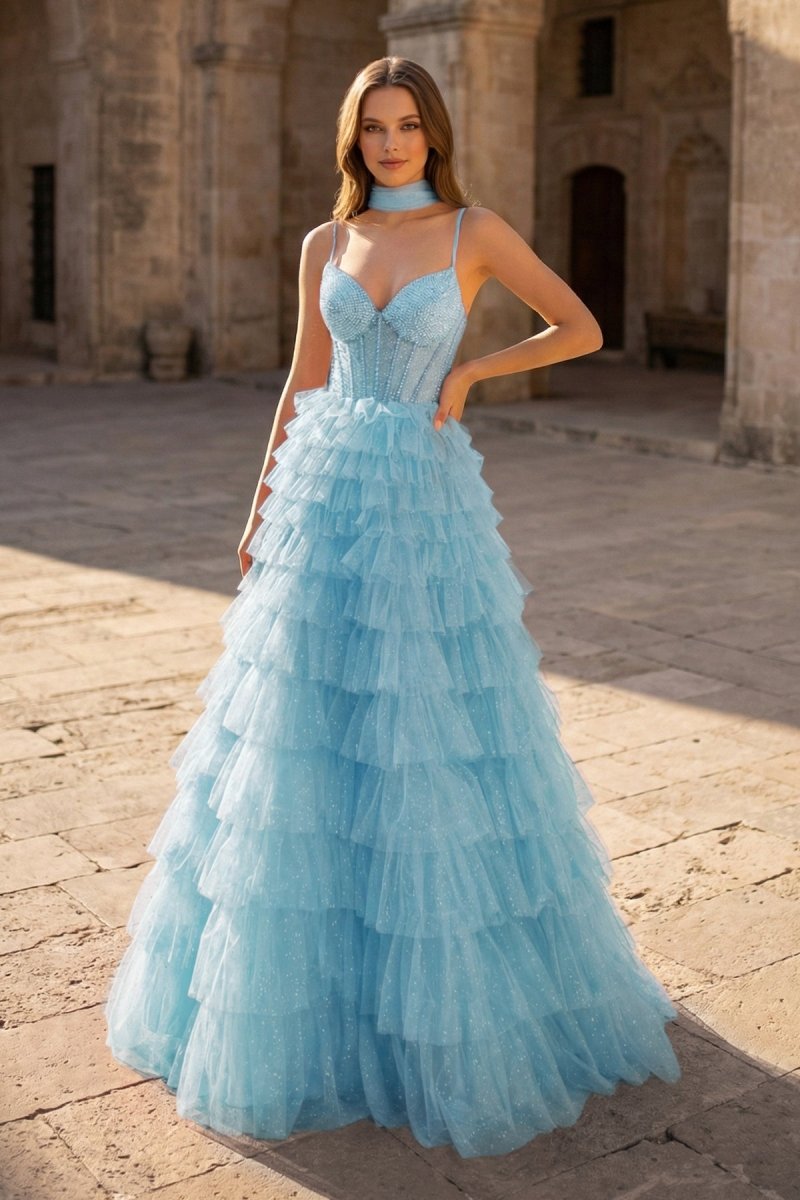Tulle A-Line Spaghetti Strap Beaded Long Tiered Prom Dress