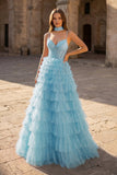 Tulle A-Line Spaghetti Strap Beaded Long Tiered Prom Dress