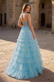 Tulle A-Line Spaghetti Strap Beaded Long Tiered Prom Dress