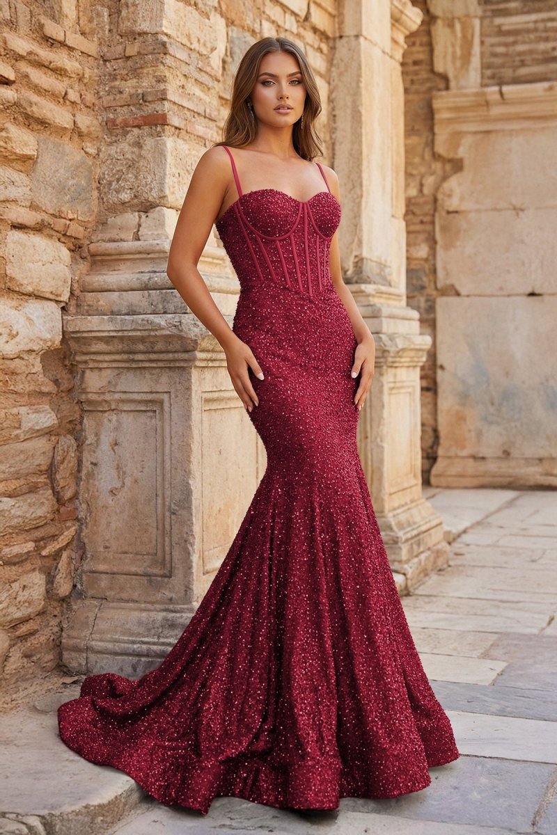 Mermaid Spaghetti Straps Sky Blue Sequins Prom Dresses