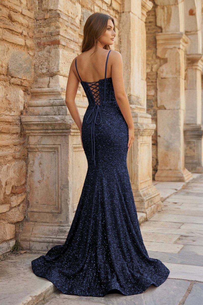 Mermaid Spaghetti Straps Sky Blue Sequins Prom Dresses