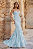 Mermaid Spaghetti Straps Sky Blue Sequins Prom Dresses