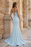 Mermaid Spaghetti Straps Sky Blue Sequins Prom Dresses